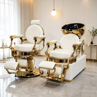 Fauteuil de Barbier Vintage avec Bac en Céramique et Cadre en Bois, Chaise de Coiffure Homme Style Pompadour Inclinable et Pliante, Exclusif