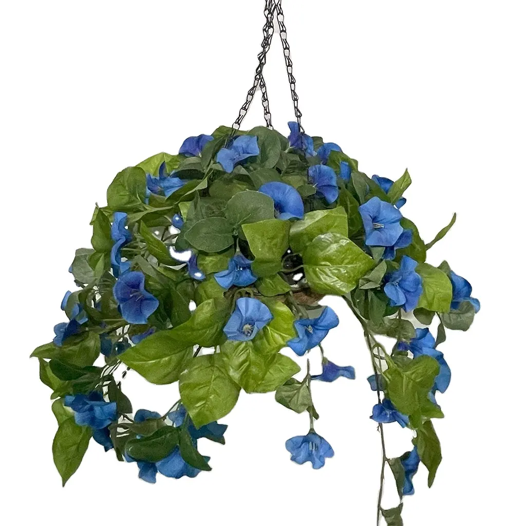 パティオガーデンポーチデッキ装飾用バスケットに朝の栄光の花人工チェーンフラワーと高品質の緑の葉