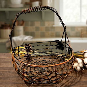 Handmade Rustic Iron <b>Wire</b> <b>Basket</b> Round <b>Storage</b> Organizer Single Tier Metal <b>Basket</b> for Living Room Neatening - Product Image 5