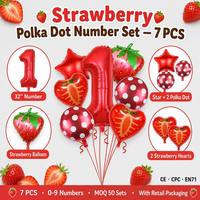 Lot de 7 ballons en aluminium à pois fraises et chiffres, avec emballage carte en papier, pour la décoration d'ambiance de fête d'anniversaire d'enfants - Vente en gros