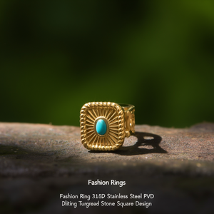 Bague unisexe bohème tendance en acier inoxydable 316L plaqué or PVD avec pierre turquoise sertie en clos, design carré, bagues en pierres précieuses - Product Image 3