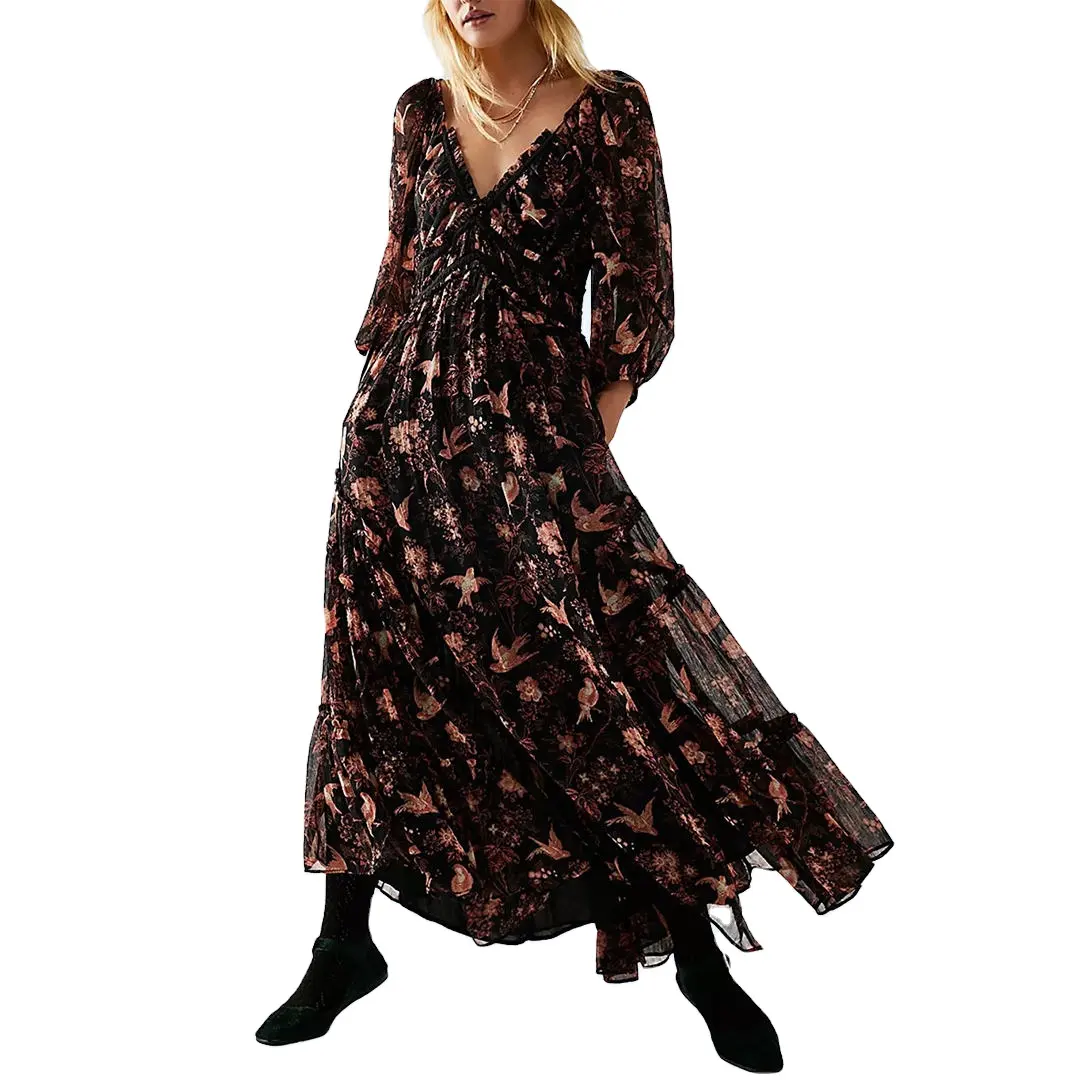 2023 Fashion New Floral Print Plus Size Evening Puffy Silk Bohemian Style Summer Sexy Wholesale Casual Dresses