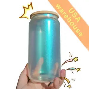 NEW Beer Can Shaped Soda Glass mason jar rainbow glitter sublimation blanks 16oz iridescent glass can with bamboo lid and straw