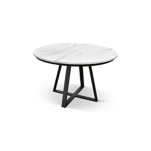 Pamela <b>Round</b> Extendable Dining <b>Table</b> 120-170 Cm <b>White</b> Statuary Marble Top Metal Base Indoor Use - Product Image 1