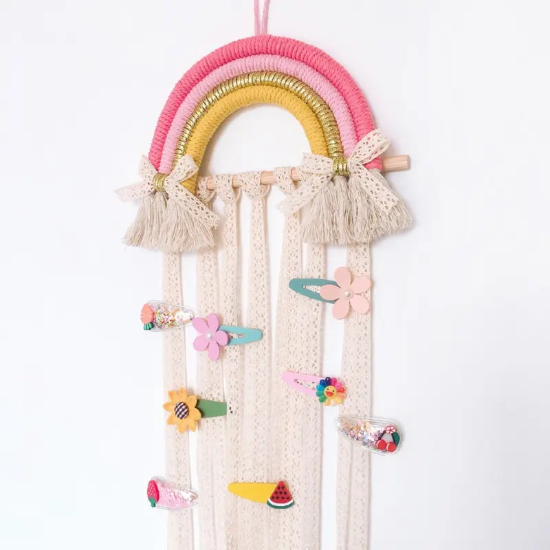 Artilady Boho Style Macrame Wall Hanging Hair Bow Holder For Kids Room Wall Art Dream Catcher Bohemian Tassel Tapestry