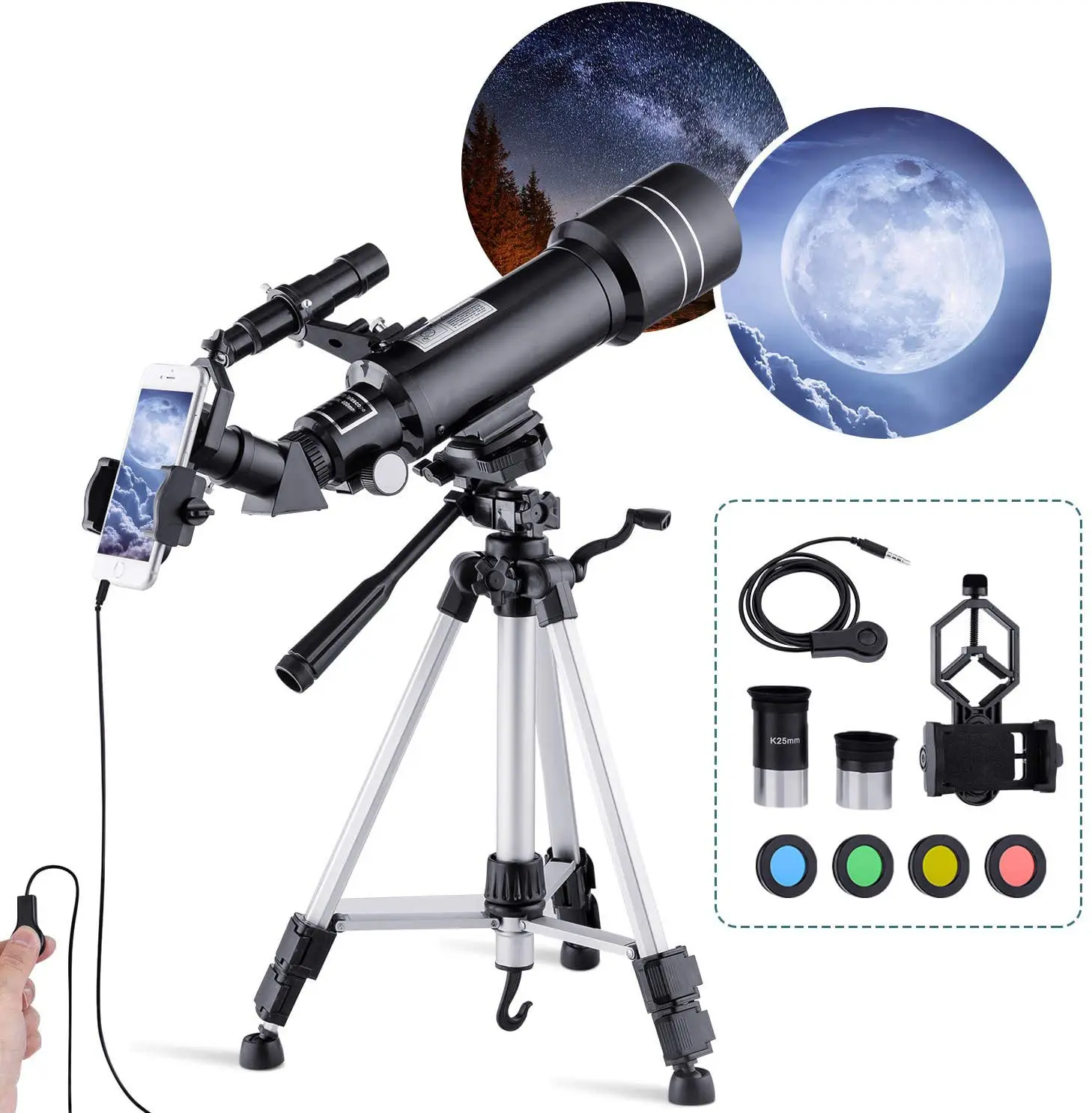 Télescope astronomique de réfraction 40070MM, bébé, avec trépied, adaptateur de téléphone, filtre de lune