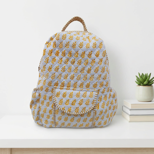 Artisan's Backpack <b>Hand</b>-Quilted Cotton Bohemian Style Zipper Closure Lightweight Spacious Design Travel <b>Bag</b> <b>White</b> Solid Color - Product Image 3