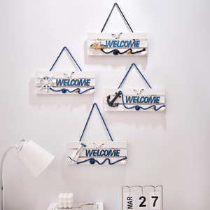 Panneau de bienvenue en bois méditerranéen, 2 pièces, rectangulaire, décoration murale en bois de pin avec ancre et design de gouvernail - Product Image 2