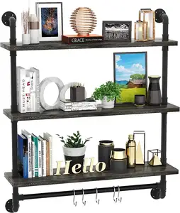 3 Tier Industrial Pipe Shelving Iron Pipe Shelves with Towel Bar Wood Bathroom Shelves with Hooks for Bedroom Living Room