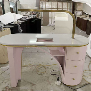 Modern Pink Nail Table <b>With</b> Gold <b>Lighted</b> Base <b>and</b> <b>Mirror</b> Arm Beauty Salon Manicure <b>Desk</b> - Product Image 3