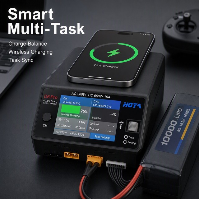 HOTA D6 Pro Dual Channel Smart Charger AC200W DC650W 15A 1-6S LiPo LiHV Balance Charger With Wireless Charging