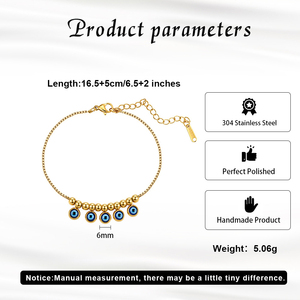 Bracelet chaîne plaqué or 18 carats PVD pour femmes avec perles bleues œil porte-bonheur, bijoux de mode, cadeau, vente en gros d'usine - Product Image 4