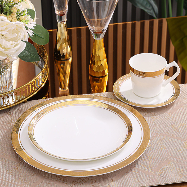 Luxury Nordic Embossed Gold Dinner Set Porcelain Bowl Dishes