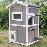 WoodVille Condo pour chat d'extérieur à 2 étages en bois massif, maison moderne pour animaux de compagnie avec escalier, fenêtre, respirant, construction métallique durable pour petits animaux