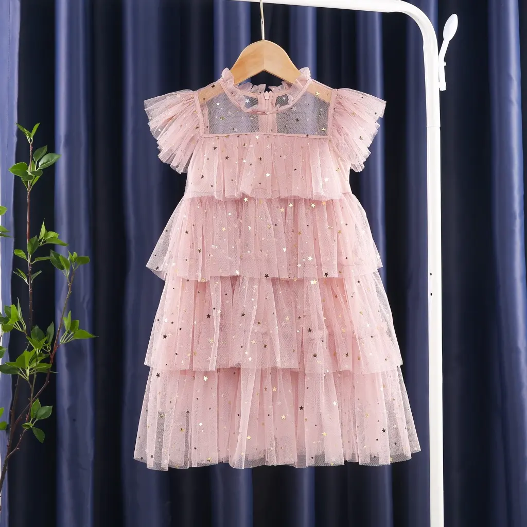 Summer Girls Fluffy Lace Dress Kids Sleeve Toddler Baby Dress Prom 2022 New Children Girls Pink Dresses Princess Kids