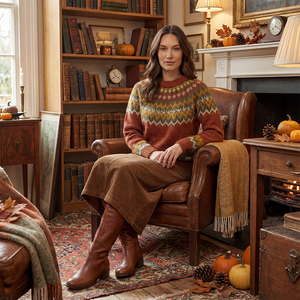 Set Maglione Vintage Fair Isle OEM ODM per <span class=keywords><strong>Donna</strong></span>, Top in Maglia Color Ruggine e Gonna Midi in Velluto a Coste Marrone, <span class=keywords><strong>Outfit</strong></span> Autunnale - Product Image 2