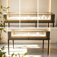 Vitrine à bijoux rectangulaire à profil bas, cadre or champagne, verre trempé, tiroir verrouillable, panneau latéral gris foncé, design fin