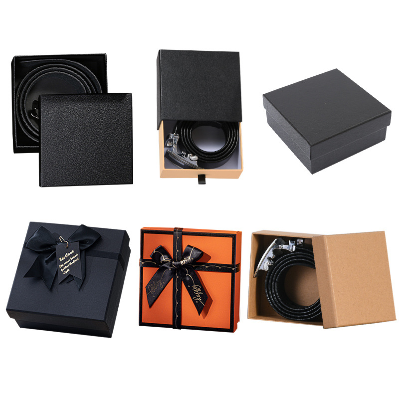 Customized high-quality belt packaging hard box black pull-out hard box with top and bottom cover square leather belt box