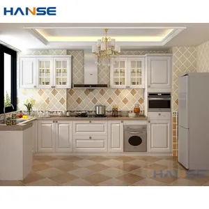 China klassische weiße Holz modulare Küchen schränke Set Design vormontierte Wand hängende PVC Küchen schrank Verkauf