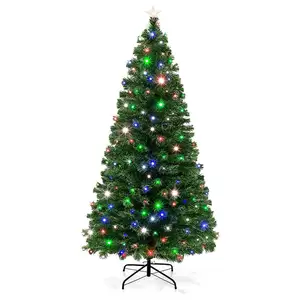 Pohon Natal Pinus Buatan Hijau Serat Optik Menyala 7 Kaki Berdiri Dapat Dilipat dengan Lampu LED 4 Warna