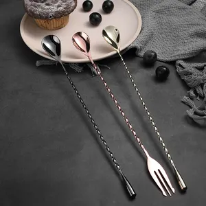 Agitador de cóctel de acero inoxidable y cobre, juego de herramientas de barra de Material de PC que incluye Swizzle Stick, tenedor, cuchara para mezclar bebidas - Product Image 4