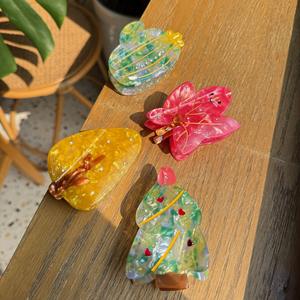 Vrouwen Meisjes Schattige 8Cm Funky Hart Strass Kerstboom Haarklem Fancy Acetaat Laat Plantvormig Blad Cactus Klauw Clip - Product Image 1