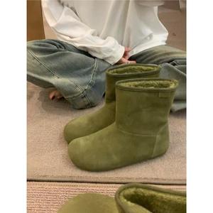 Bottes plates en daim vintage pour femmes en cuir de vache, doublées de polaire, bottes de neige, bottes courtes mignonnes et moches, fourrure, chaussures chaudes en coton - Product Image 1