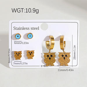 Aço inoxidável banhado a ouro brincos com flor geométrica e coruja design conjunto de jóias das mulheres na moda - Product Image 2