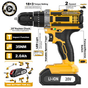 Kit d'outils de perçage sans fil rechargeable 20V avec 2 batteries, adapté à la construction, à la maison et au bricolage, perceuse à percussion sans fil CD-20K-2 - Product Image 2