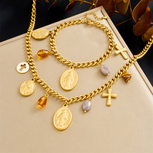 European American Gold Plated 18K Oval Saint Cross Pendant Stainless Steel <b>Beaded</b> Jewelry <b>Set</b> Religious Ceremonies Unisex - Product Image 1