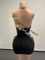Robe Courte Sexy Noire à Col Halter en Plumes et Strass Transparents pour Femme – Idéale pour Soirées et Anniversaires