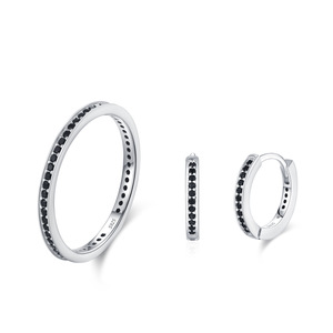 S925 sterling <b>silver</b> exquisite and minimalist black zircon <b>ring</b> and earring <b>set</b>, unique and stylish design - Product Image 2