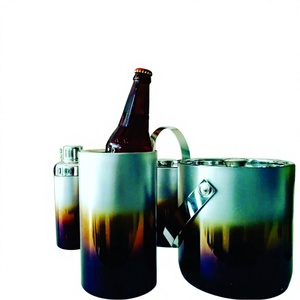 Double Wall Bar Accessories <b>Ice</b> Bucket & Wine <b>Cooler</b> Bar ware Set in Gift <b>Box</b> Hammered Pattern Long Handle 2 Tone - Product Image 1