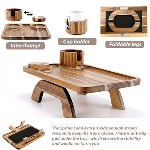 Plateau de canapé en bois d'acacia avec support pour téléphone, plateau pliable pour collations, pour salon, café, thé, boissons - Product Image 3