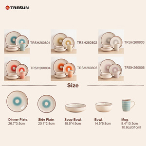 Juego de Vajilla de Gres con Rayas Radiales Pintadas a Mano, Platos, Tazones y Tazas con Patrón de Círculos Concéntricos, Cerámica Boho Dibujada a Mano - Product Image 2