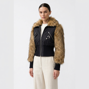 Veste matelassée noire pour femme avec col en fourrure de renard, manches longues, fermeture éclair, imperméable, rembourrage en coton écologique, hiver - Product Image 1
