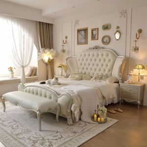 European Royal Luxury Leather Upholstered Bed Double Villa Home Bedroom Furniture Set Wooden <b>Frame</b> Soft king Size Bed - Product Image 1