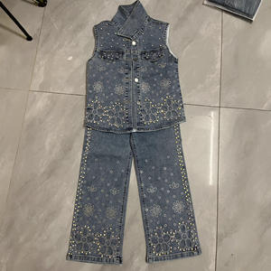 Conjunto de <span class=keywords><strong>Vaquero</strong></span> para Adolescentes, <span class=keywords><strong>Chaleco</strong></span> Calado con Cuentas + Pantalones Anchos, Conjunto de Dos Piezas a la Moda para Niñas - Product Image 2
