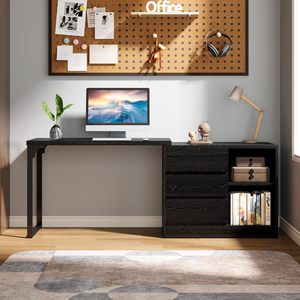Bureau d'angle en forme de L SENYU avec étagère de rangement, bureau d'écriture en bois noir pour petits espaces - Product Image 3