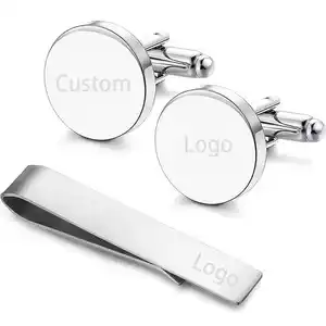 Custom Logo Roestvrij Staal Gegraveerde Manchetknopen Stropdas Clip Mannen Alfabet Letter Magere Blanco Mannen Stropdas En Manchetknoop Cadeau Set