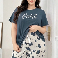 Piyama Wanita Ukuran Besar Kerah Bulat Lengan Pendek Celana Panjang Baju Tidur Bermotif Set Piyama 2 Potong Lembut dan Longgar