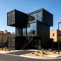 Maison modulaire en conteneurs empilés à 2 étages, noire, préfabriquée, moderne, avec grande fenêtre en verre et balcon, pour hôtel ou bureau