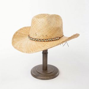 Chapeau de soleil d'été en paille de raphia tressé à la main, tendance, ajouré, style western, avec perles décoratives, pour le voyage, vente en gros - Product Image 2