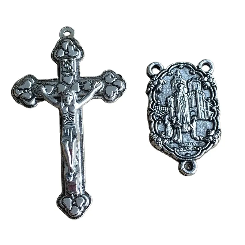 2023 Hot Selling big antique silver Jesus Cross religious parts Metal alloy crucifix Cross and Fatima Center