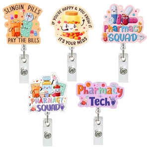Porte-<span class=keywords><strong>badge</strong></span> rétractable mignon pour équipe de pharmacie, porte-<span class=keywords><strong>badge</strong></span> d'identification amusant pour infirmière et pharmacien avec motif pilule de dessin animé et pince crocodile - Product Image 1