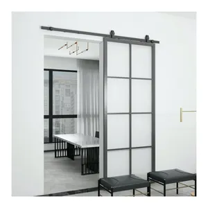 Professional wrought iron sliding barn door with small grids design french entry barn door