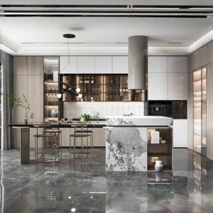 Fournisseur de meubles d'appartement : <span class=keywords><strong>Cuisine</strong></span> moderne de luxe avec îlot en marbre et accents en bois, présentant des vitrines et des étagères ouvertes - Product Image 1