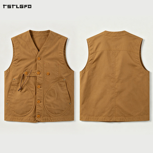 Men Heavyweight Cotton Canvas <b>Vest</b> Asymmetric Multi-Pocket Drawstring Curved Pocket V-Neck Relaxed Fit <b>Utility</b> Workwear Gilet - Product Image 6
