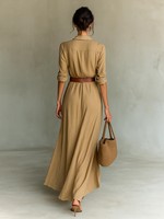 Robe décontractée longue et fluide en coton et lin, col chemise, avec ceinture, pour femme, collection printemps-automne, haut de gamme