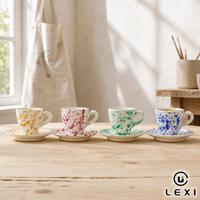 Ensemble tasse et soucoupe à expresso fait main, motif éclaboussures de peinture, points et gouttes multicolores, tasse conique avec anse en C, LEXI, vente en gros
